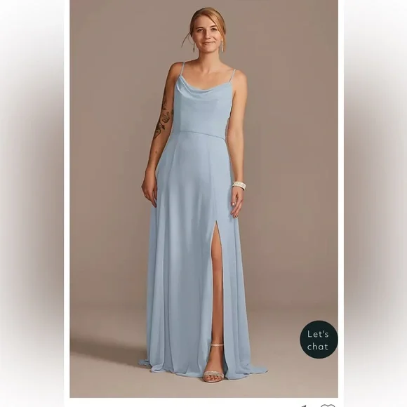 David’s Bridal Dusty Blue Chiffon Cowl Neck Bridesmaids Dress Gown with Slit - Picture 1 of 5